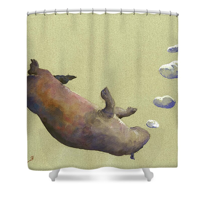 Hippo Shower Curtain featuring the painting Swimming hippo with bubbles by Juan Bosco