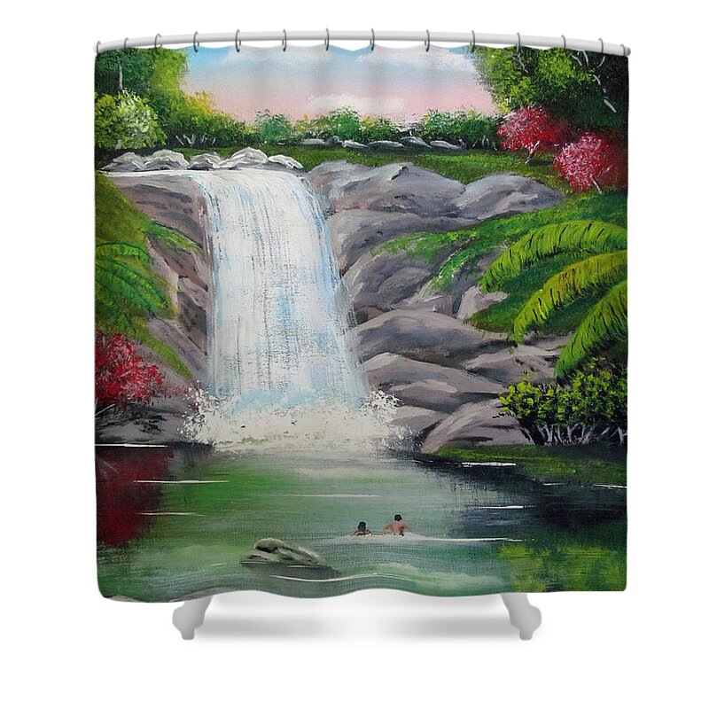 Waterfall Shower Curtain featuring the painting Swimming In Paradise by Luis F Rodriguez