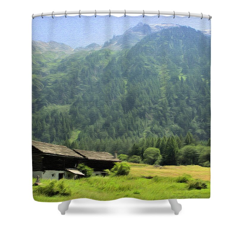 Switzerland Shower Curtain featuring the painting Swiss Mountain Home by Jeffrey Kolker