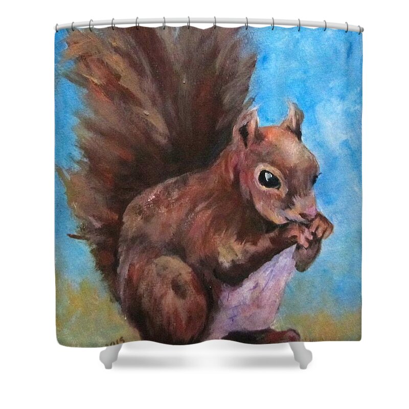 Squirrel Shower Curtain featuring the painting Sylas Saves for Winter by Barbara O'Toole
