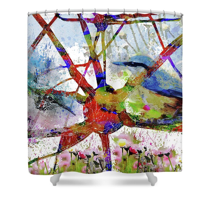 Synapses Shower Curtain featuring the mixed media Synapses with Birds and Flowers by Ann Leech