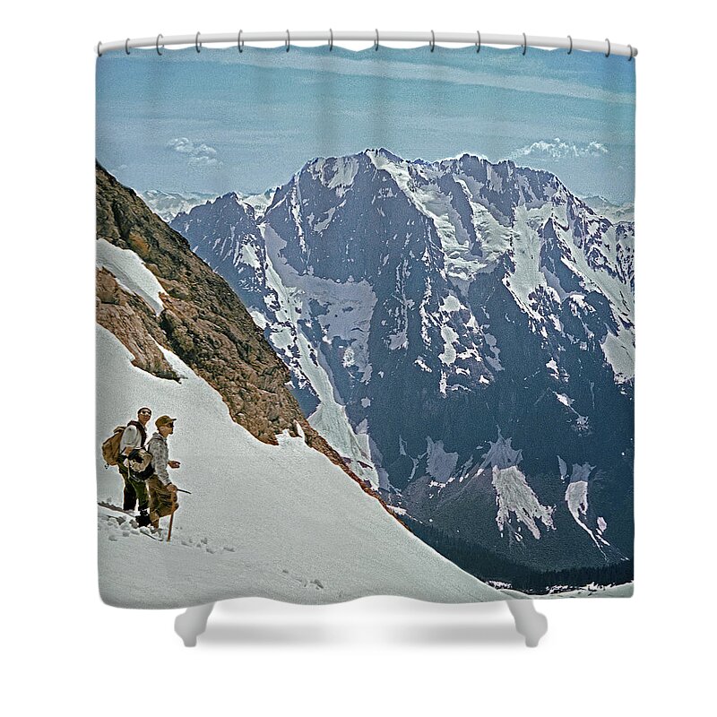 Joe Hieb Shower Curtain featuring the photograph T-04402 Fred Beckey and Joe Hieb After First Ascent Forbidden Peak by Ed Cooper Photography