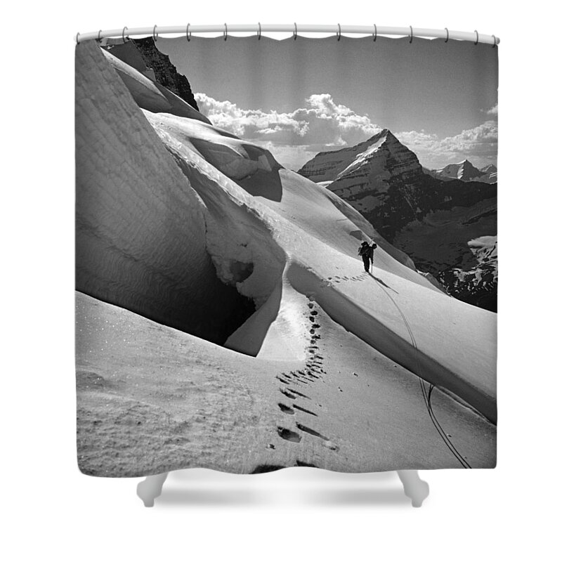 Footsteps Shower Curtain featuring the photograph T-202410 BW Fred Beckey High on Berg Glacier by Ed Cooper Photography