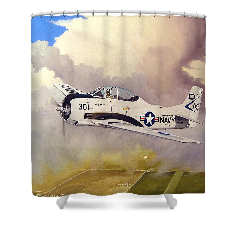 Military Shower Curtain featuring the painting T-28 Over Iowa by Marc Stewart