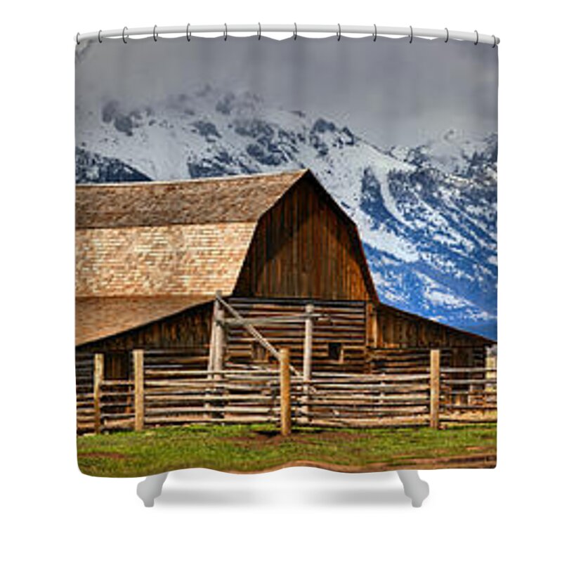 Moulton Barn Shower Curtain featuring the photograph T A Moulton Barn Spring Panorama by Adam Jewell