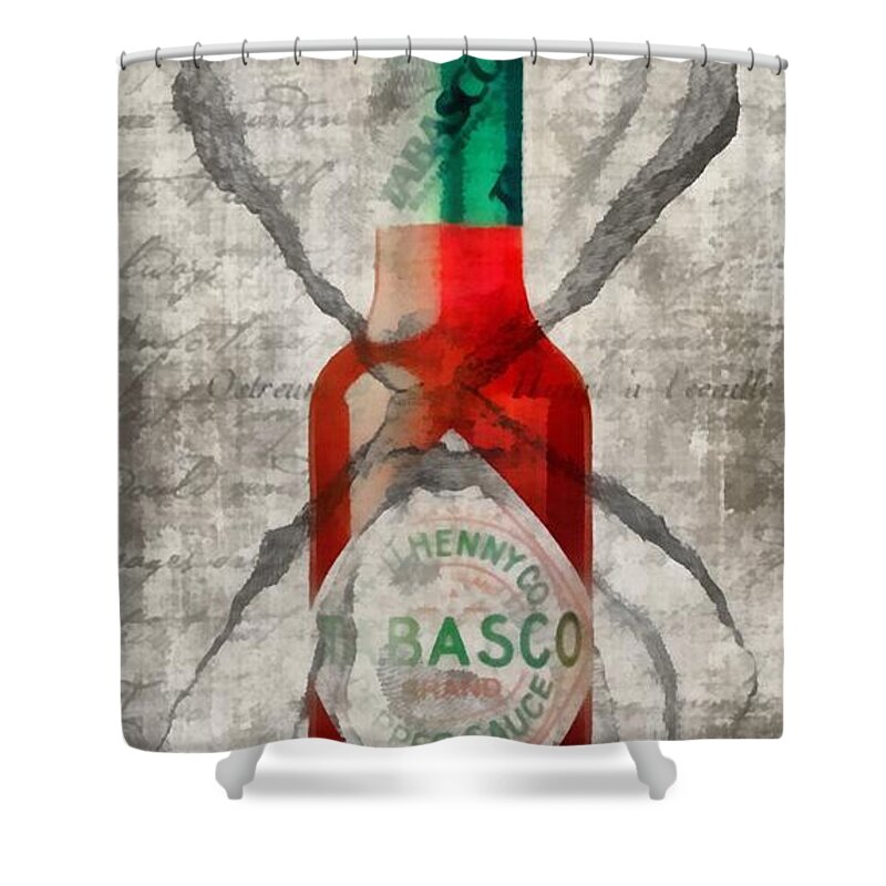 Tabasco Shower Curtain featuring the painting Tabasco Hot Sauce and Oysters by Edward Fielding