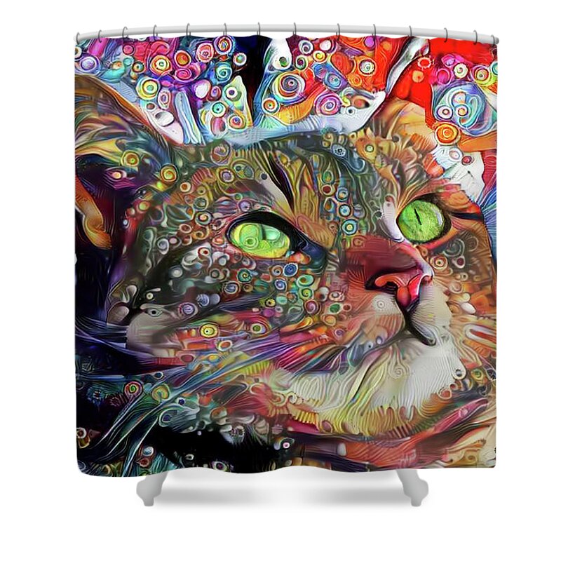 Psychedelic Cat Shower Curtain featuring the digital art Tabby Cat Color Blast by Peggy Collins