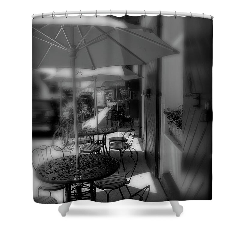 Table Shower Curtain featuring the photograph Table At New Orleans' French Market In Black And White by Greg and Chrystal Mimbs