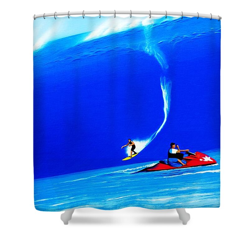 Surfing Shower Curtain featuring the painting Teahupoo Tahiti 2010 by John Kaelin