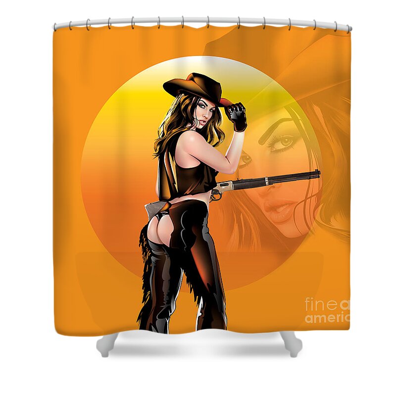Pin-up Shower Curtain featuring the digital art Wild west pin-up by Brian Gibbs