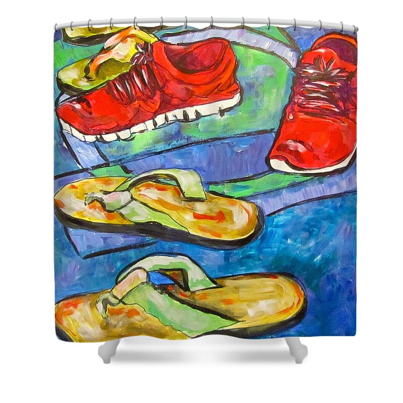 Tennis Shoes Shower Curtain featuring the painting Take Your Shoes Off by Barbara O'Toole