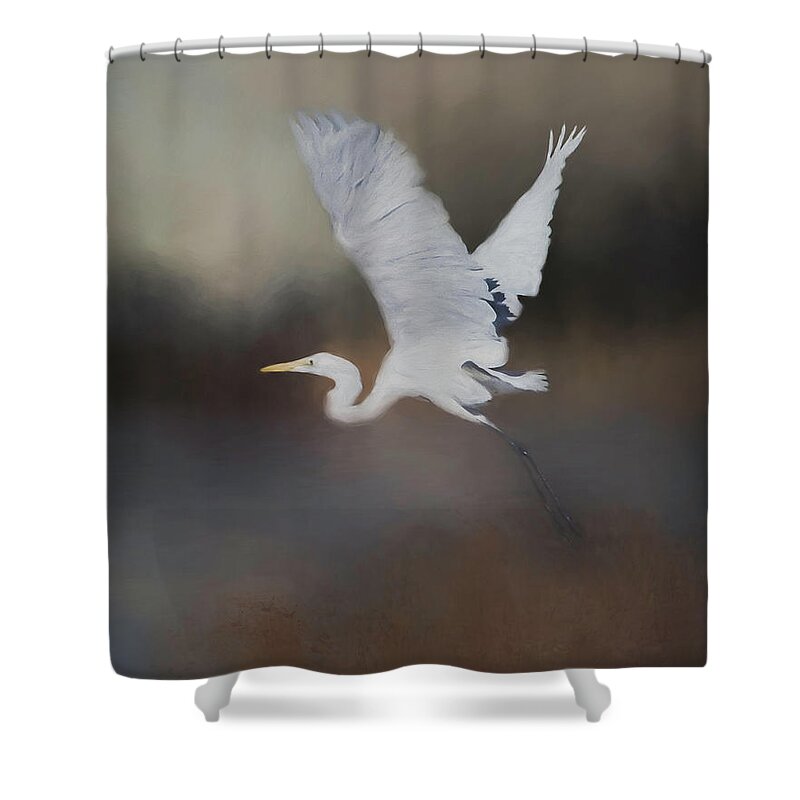 Egret Shower Curtain featuring the mixed media Taking Flight by Teresa Wilson