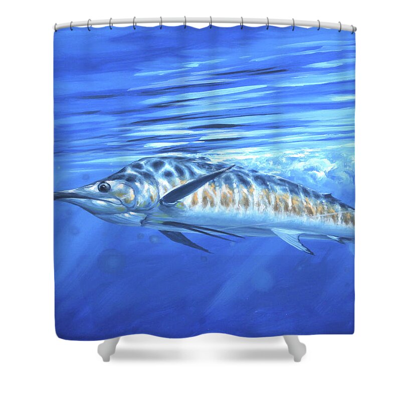 Blue Marlin Paintings Shower Curtain featuring the painting Taking Line by Guy Crittenden
