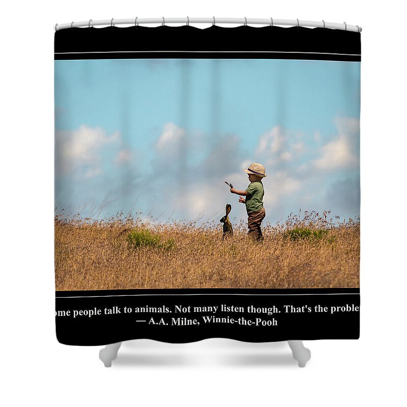 Rabbit Shower Curtain featuring the digital art Talk to Animals by Rick Mosher
