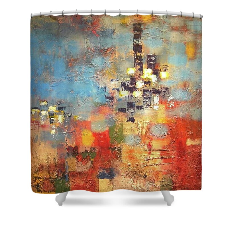 Contemporary Abstract Shower Curtain featuring the painting Tall Building by Dennis Ellman