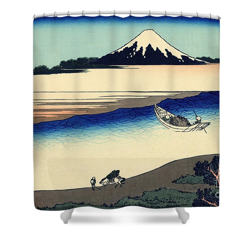 Hokusai Shower Curtain featuring the painting Tama river in the Musashi province by Hokusai