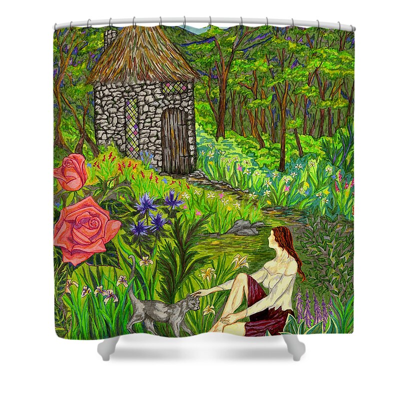 Blue Jay Shower Curtain featuring the drawing Tansel's Garden by FT McKinstry