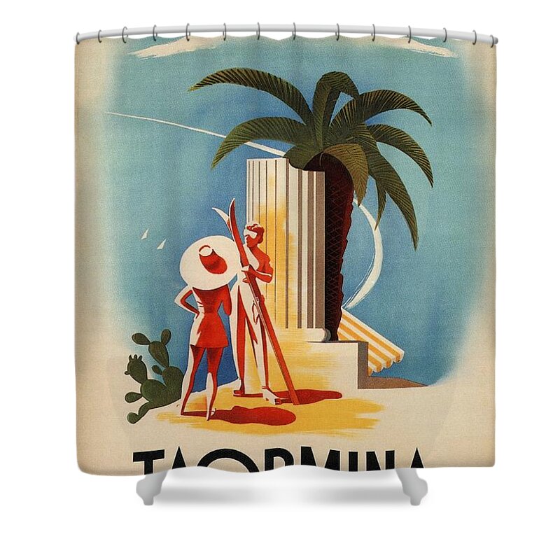 Taormina Shower Curtain featuring the mixed media Taormina, Sicily, Italy - Couples - Retro travel Poster - Vintage Poster by Studio Grafiikka
