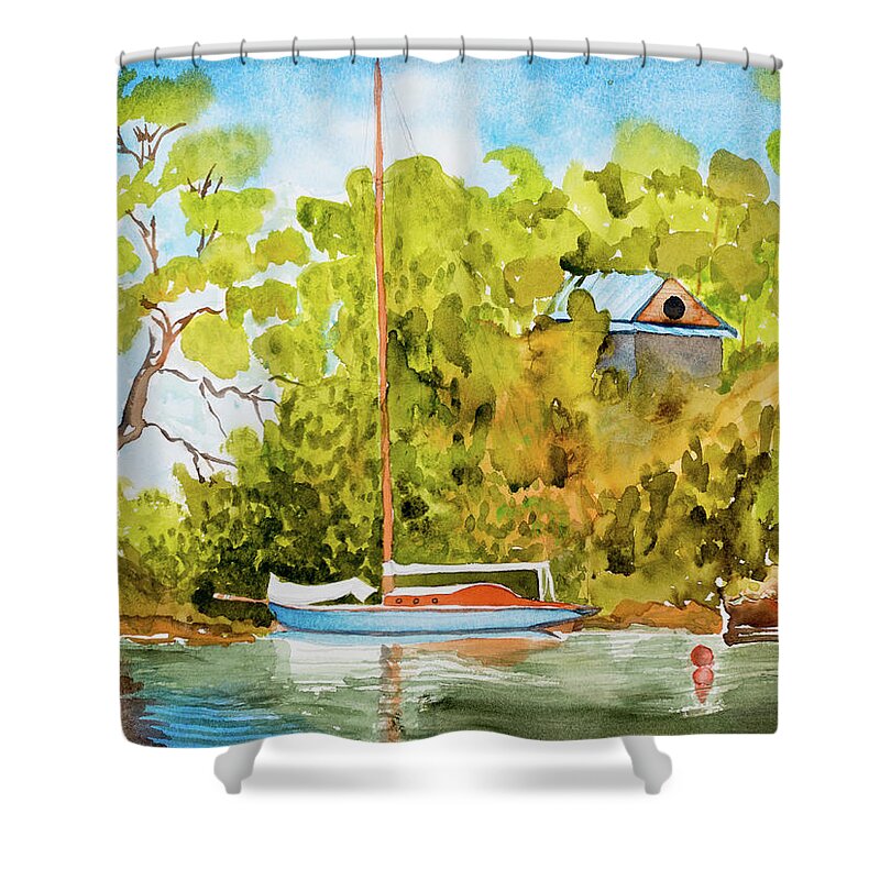 Afternoon Shower Curtain featuring the painting Tasmanian Yacht 'Weene' 105 year old A1 Design by Dorothy Darden