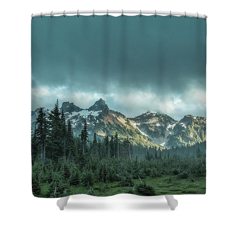 Mt. Rainier National Park Shower Curtain featuring the photograph Tatoosh with Storm Clouds by E Faithe Lester