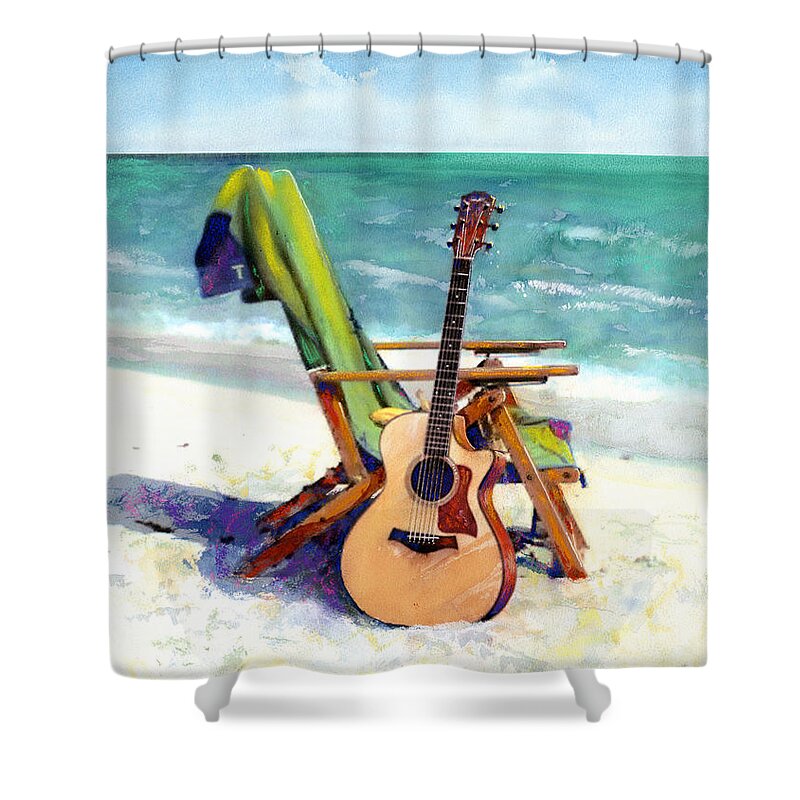 Guitar Paintings Shower Curtain featuring the painting Taylor at the Beach by Andrew King