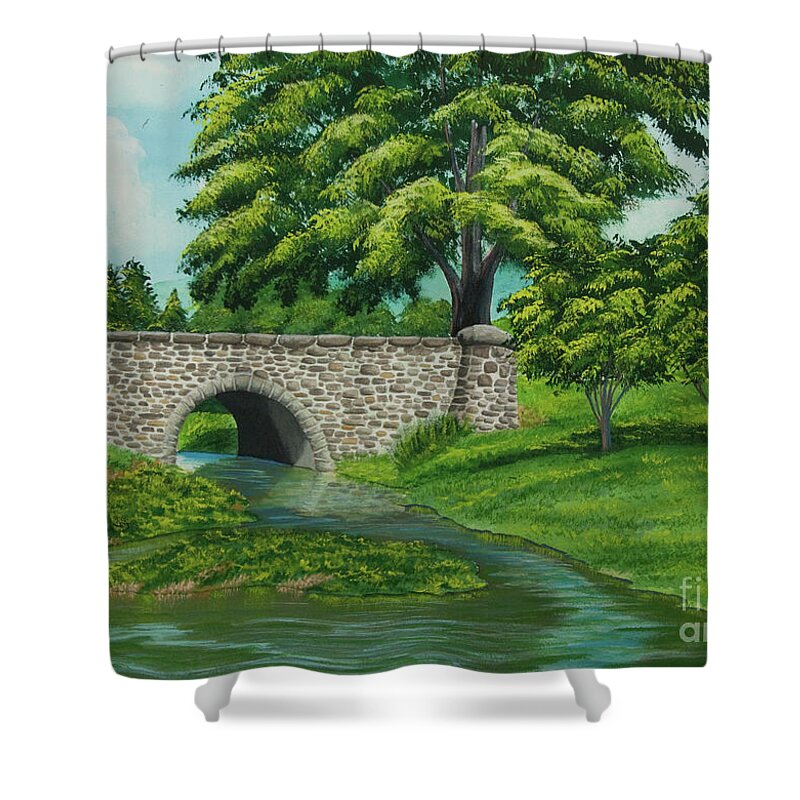 Colgate University Taylor Lake Shower Curtain featuring the painting Taylor Lake Stone Bridge by Charlotte Blanchard
