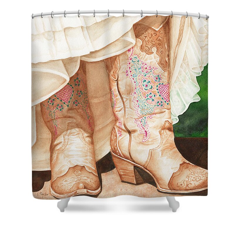 Cowboy Boots Shower Curtain featuring the painting I Do by Lori Taylor