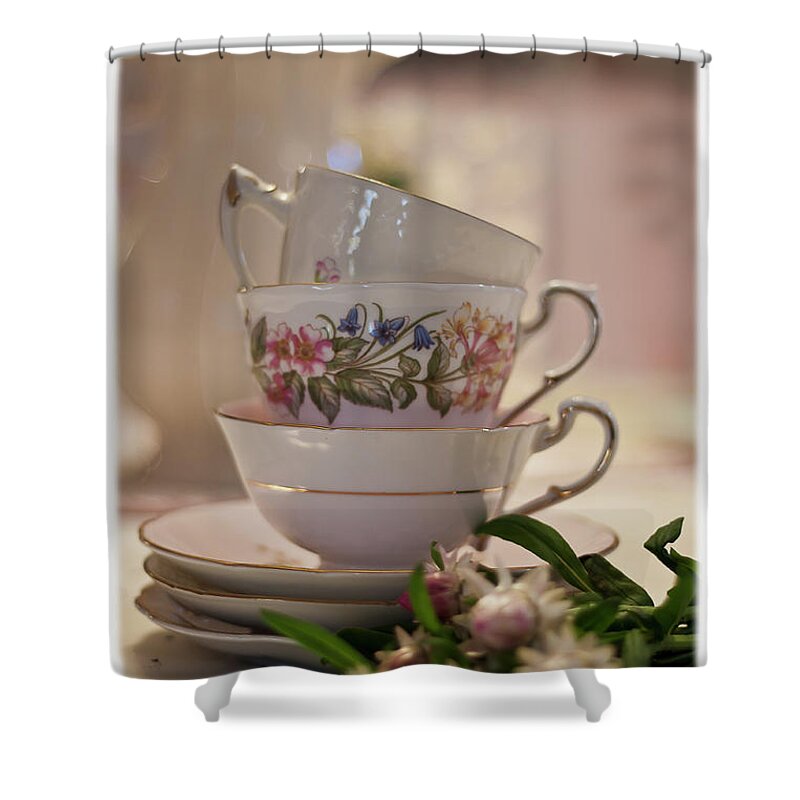 Tea Cup Still Life Shower Curtain featuring the photograph Tea Cups Still Life by Sandra Foster