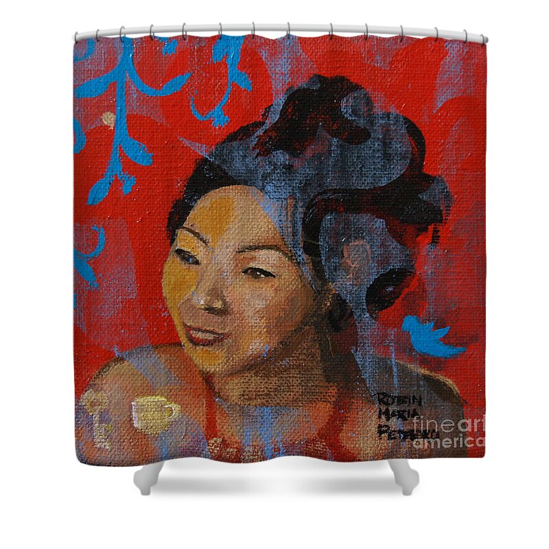 Tea Girl Shower Curtain featuring the painting Tea Girl by Robin Pedrero