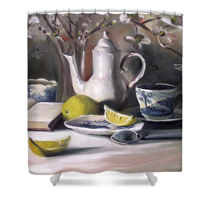 Tea Shower Curtain featuring the painting Tea with Lemon by Nancy Griswold