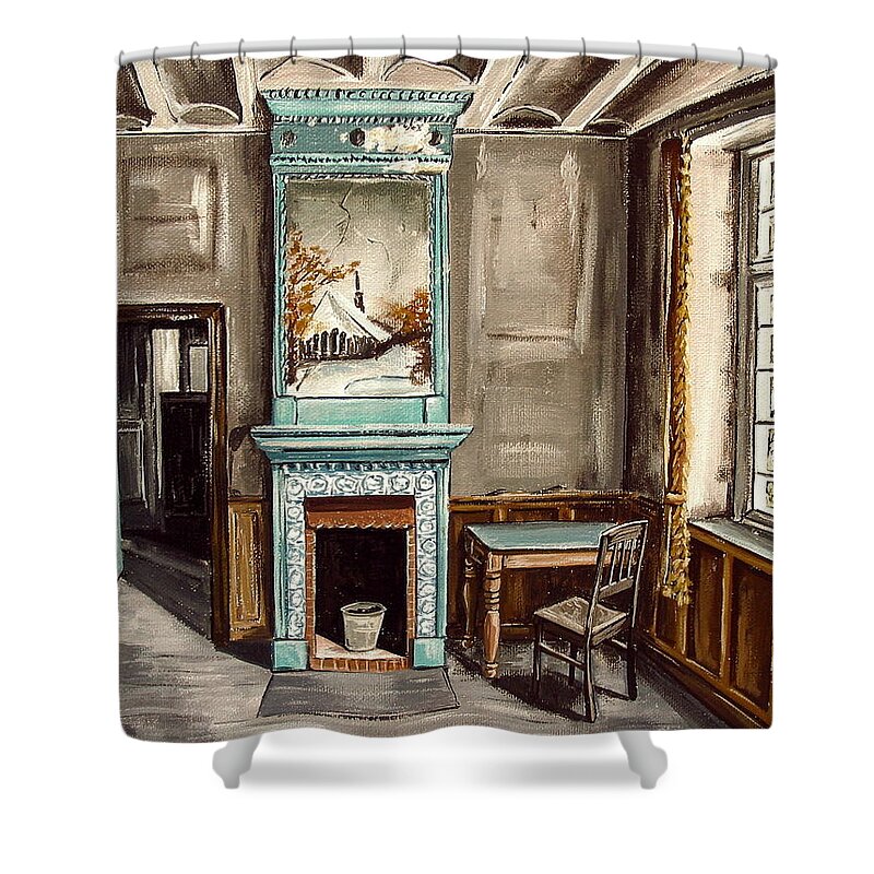 Art Shower Curtain featuring the painting Teal Fireplace by Debbie Criswell
