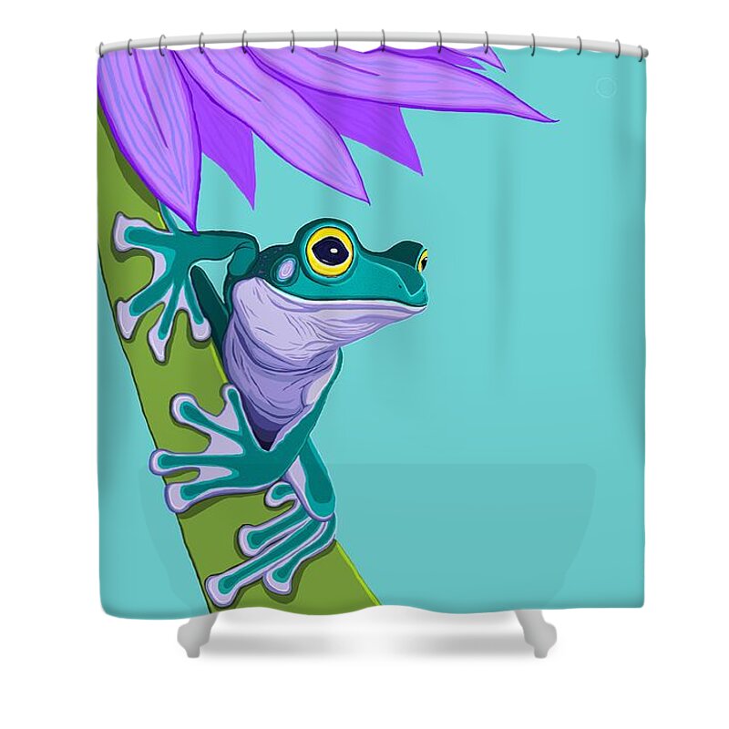 Frogs Shower Curtain featuring the painting Teal Frog and Purple Flower by Nick Gustafson