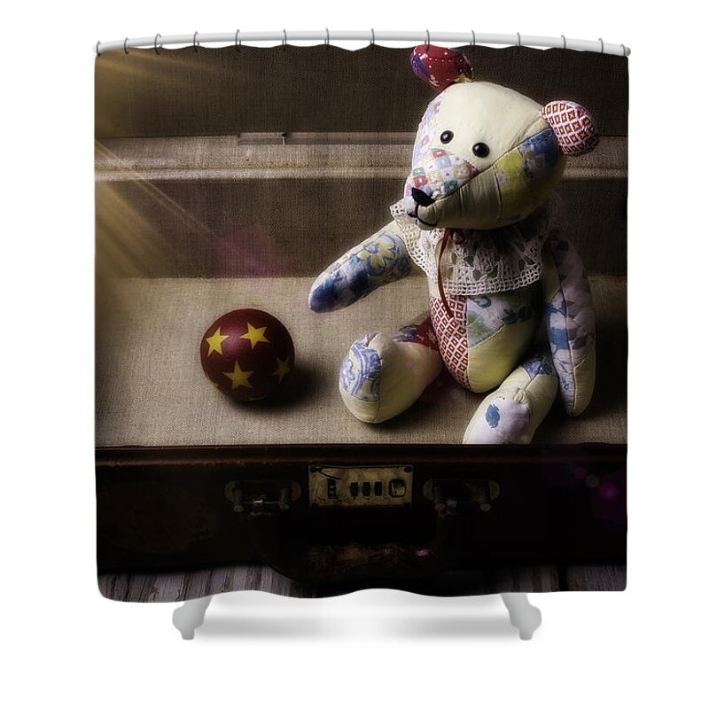 Teddy Bear Shower Curtain featuring the photograph Teddy Bear In Suitcase by Garry Gay