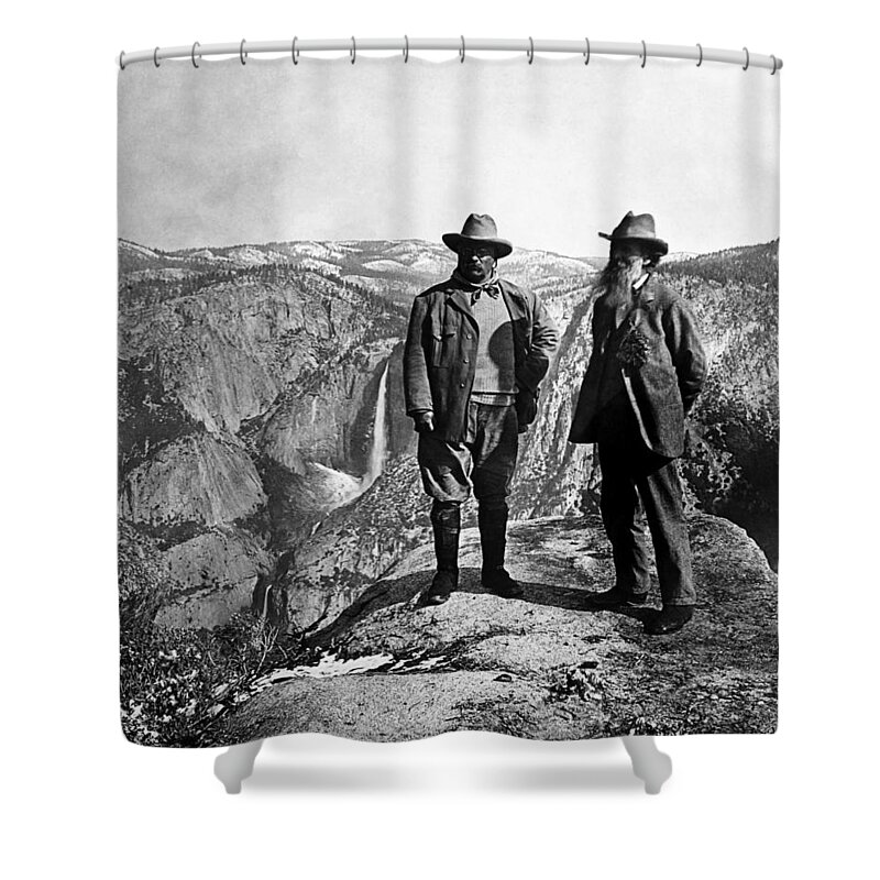 President Roosevelt Shower Curtain featuring the photograph Teddy Roosevelt and John Muir - Glacier Point Yosemite Valley - 1903 by War Is Hell Store