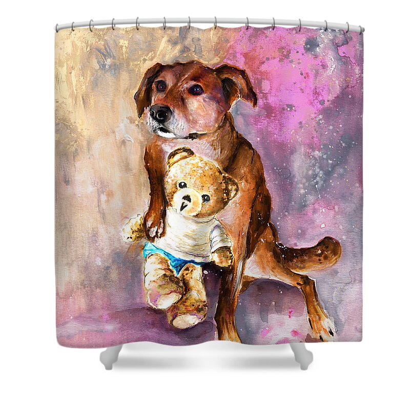 Truffle Mcfurry Shower Curtain featuring the painting Teddy Bear Caramel And Dog Douchka by Miki De Goodaboom