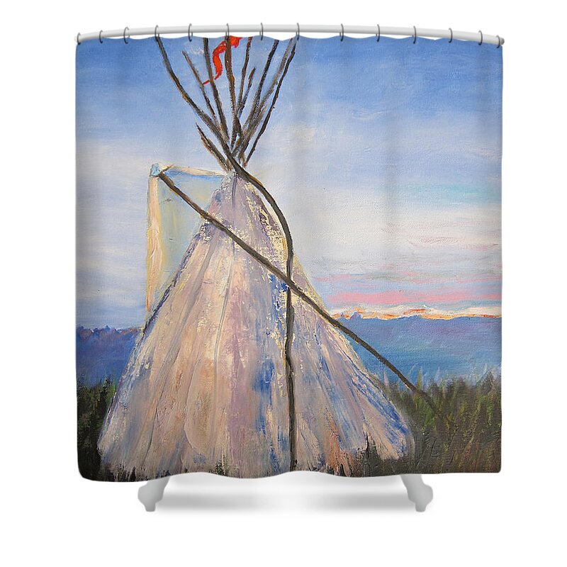 Teepee Shower Curtain featuring the painting Teepee Dawn by Kathryn Barry