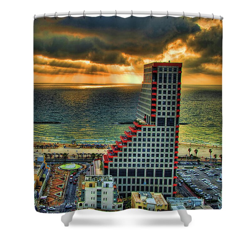 Israel Shower Curtain featuring the photograph Tel Aviv Enchanting Sunset by Ron Shoshani