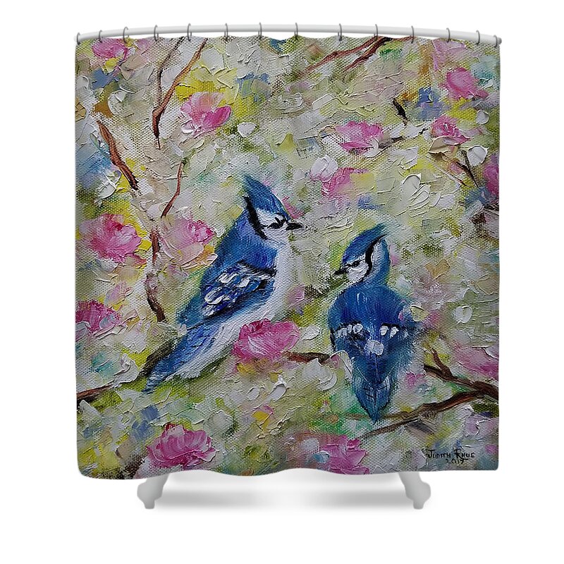 Blue Jay Shower Curtain featuring the painting Tell Me by Judith Rhue