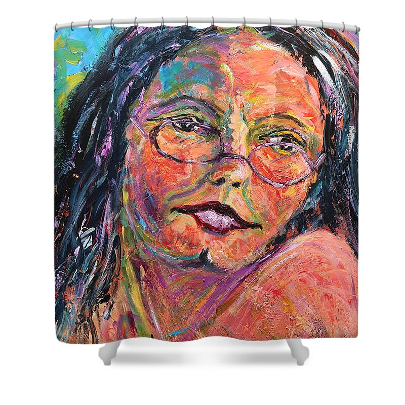 Portrait Shower Curtain featuring the painting Tell me more by Madeleine Shulman