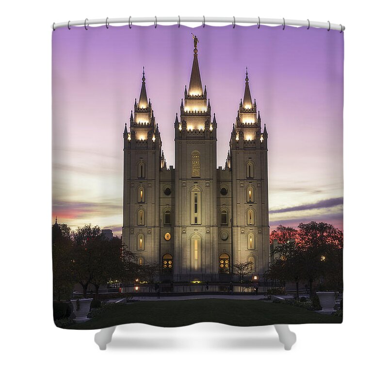 Mormon Shower Curtain featuring the photograph Temple Courtyard by Chad Dutson