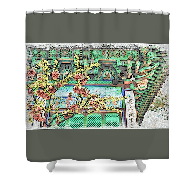 Asia Shower Curtain featuring the digital art Temple Flowers by Cameron Wood