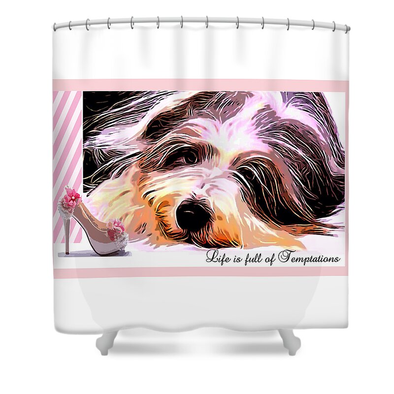 Bearded Collie Shower Curtain featuring the digital art Temptation by Kathy Kelly