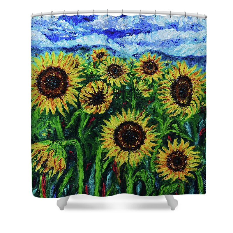 Sunflower Shower Curtain featuring the painting Ten Suns by Elizabeth Cox