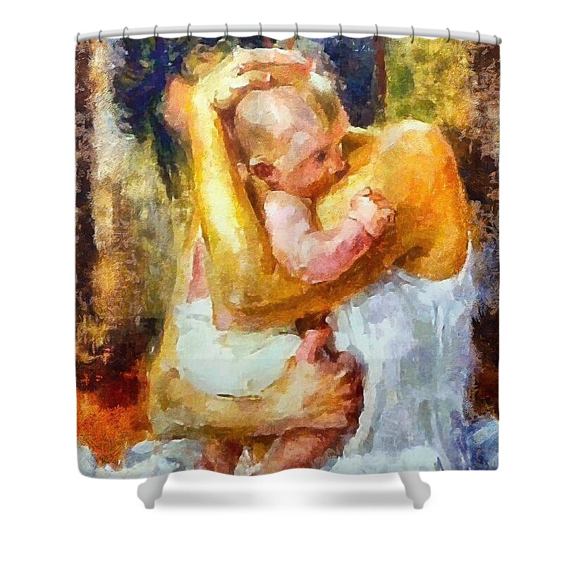 Motherhood Shower Curtain featuring the painting Tender moment by Dragica Micki Fortuna