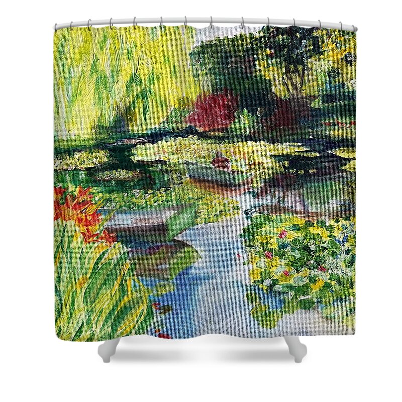 Giverney Shower Curtain featuring the painting Tending the Pond by Kate Conaboy