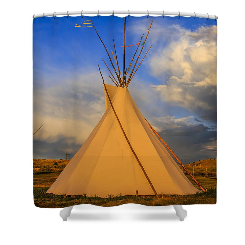Native; American; Tepee; Montana; Plains; Sunset; Wigwam; Tent; Campsite; Encampment; Indian; Dwelling; Wickiup; Dusk; Nightfall; Sunset; Sundown; Twilight; Eve; Evening; Nw; America Shower Curtain featuring the photograph Tepee at sunset in Montana by Chris Smith