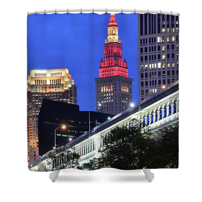 Horizontal Shower Curtain featuring the photograph Terminal Tower by Ann Bridges