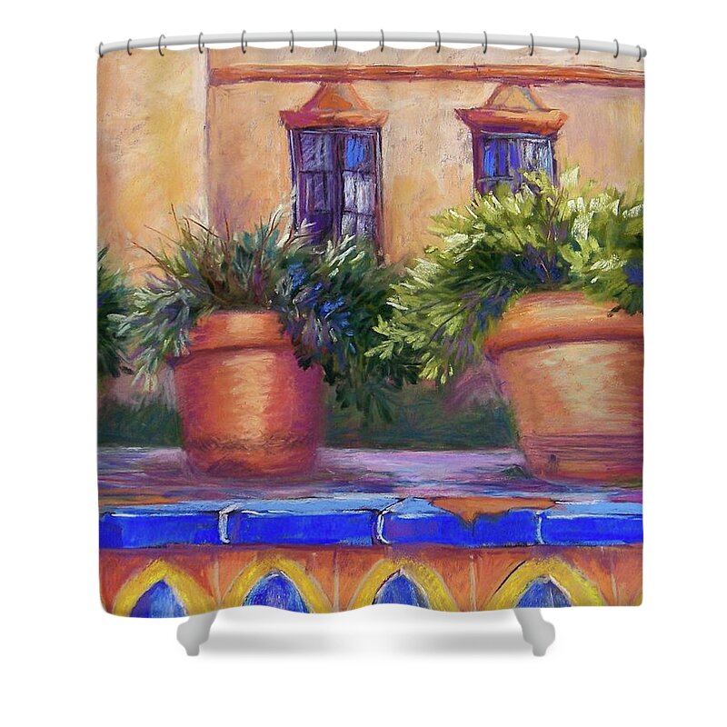 Andalucia Shower Curtain featuring the pastel Terracotta and Tiles by Candy Mayer