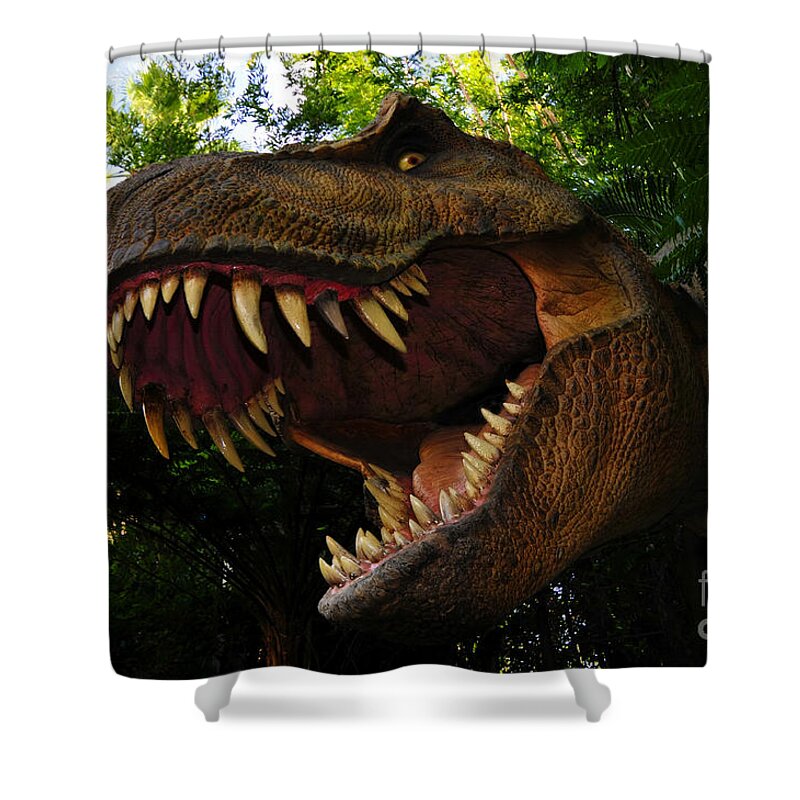 Dinosaur Shower Curtain featuring the painting Terrible lizard by David Lee Thompson
