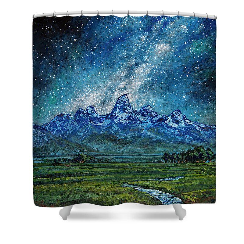Grand Teton Shower Curtain featuring the painting Teton Milky Way by Aaron Spong